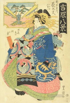 日本 Painting - 歌川豊国の後ろに二人の禿室の若い付き人を連れた花魁蝶々